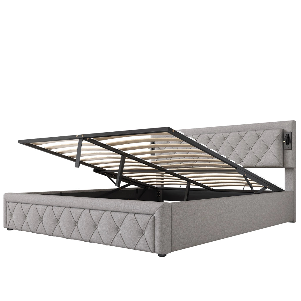 LETTO Contenitore 180x200 cm con downlight e USB, lino grigio