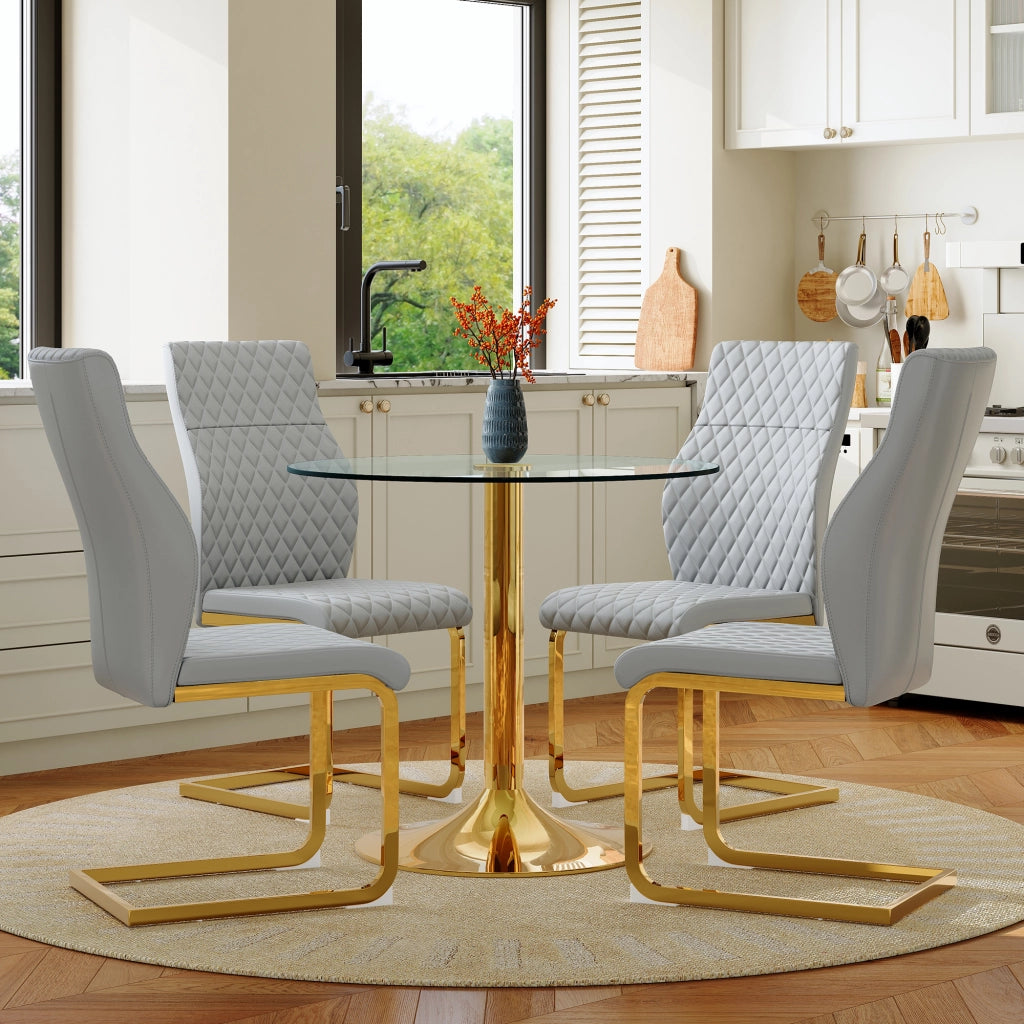 Set tavolo e sedie con 1 tavolo rotondo e 4 sedie; schienale ergonomico; in vetro e metallo oro; PU grigio chiaro
