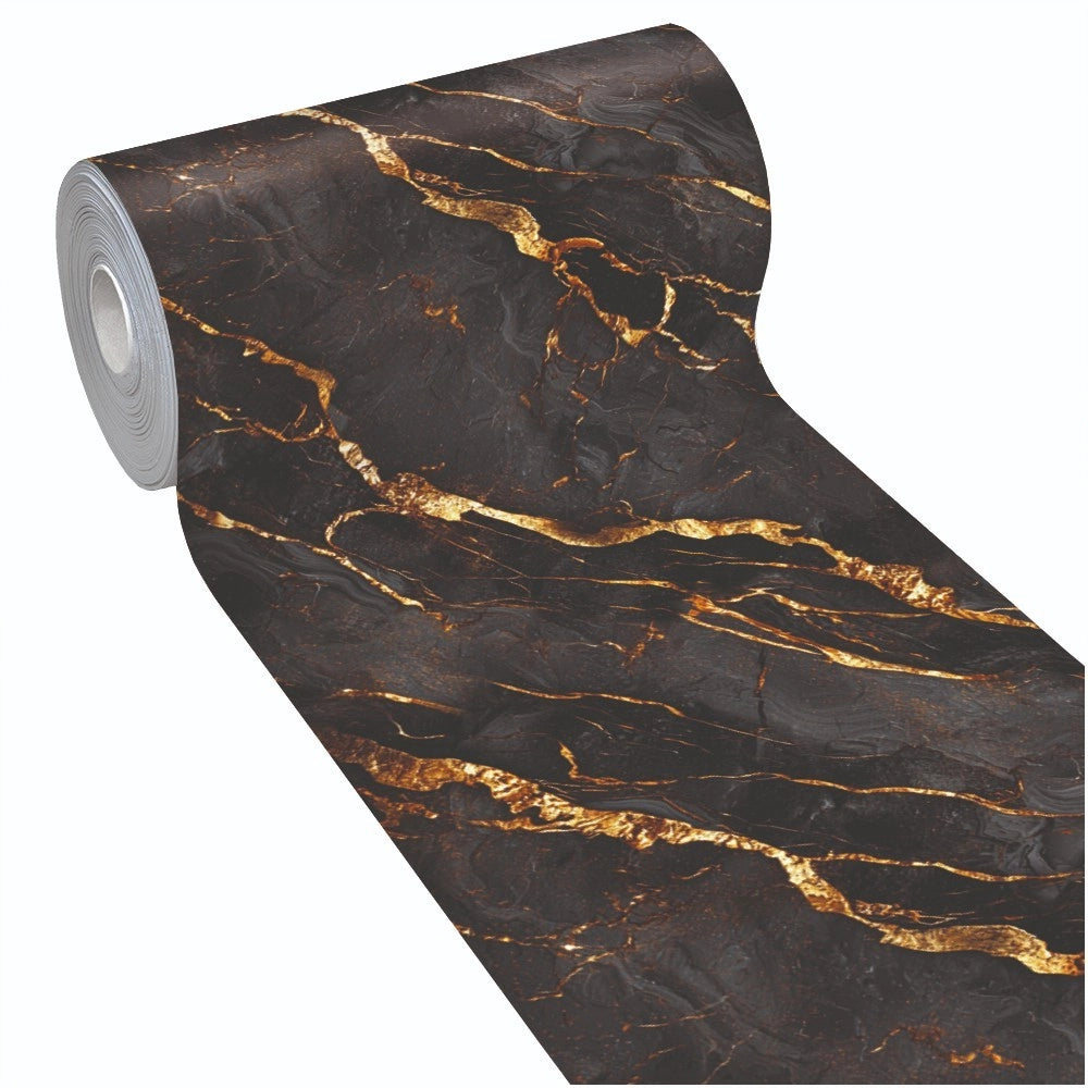 Tappeto Cucina Pvc Stampato Risoluzione HD Antimacchia Antiscivolo Marmo Scuro Venato Oro - 51x360 Cm