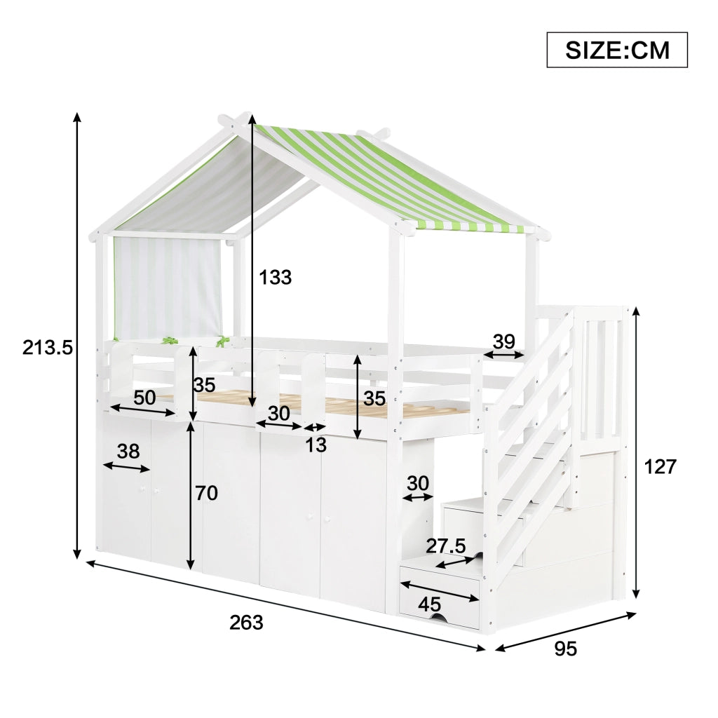LETTO A CASTELLO 90x200 cm con scala contenitore, armadio, bianco e verde