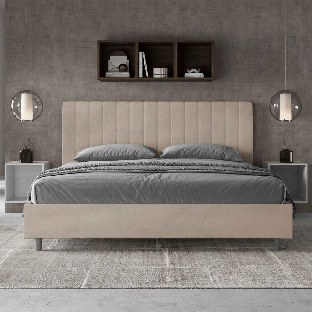 BS COM Letto matrimoniale king size con rete imbottito 200x200 microfibra sabbia