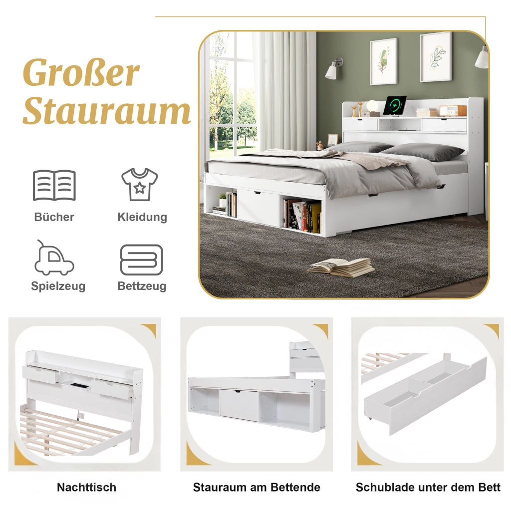 LETTO 160x200 cm Bianco con USB, Type-C e ampio spazio contenitore