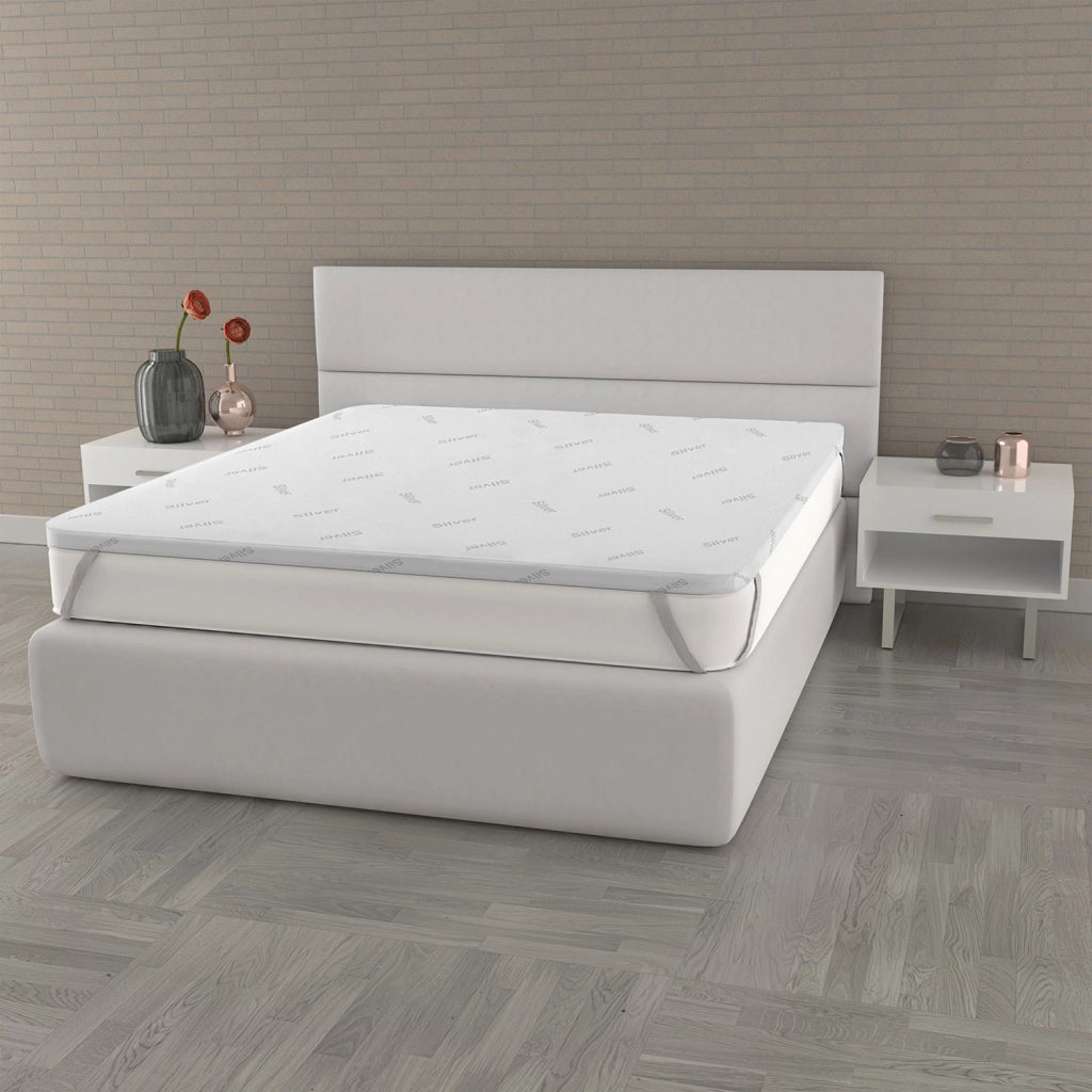 Topper Matrimoniale 160x190 cm Memory Sfoderabile Fodera Silver con Elastici in Poliestere e Fibra Bianco