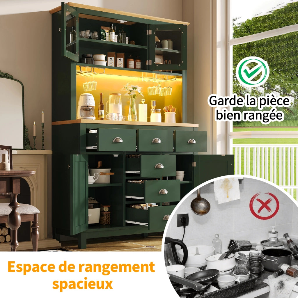 Credenza da cucina spaziosa con 4 ante, cassetti e LED regolabile, stile rétro, in MDF verde, 104 × 40 × 180 cm