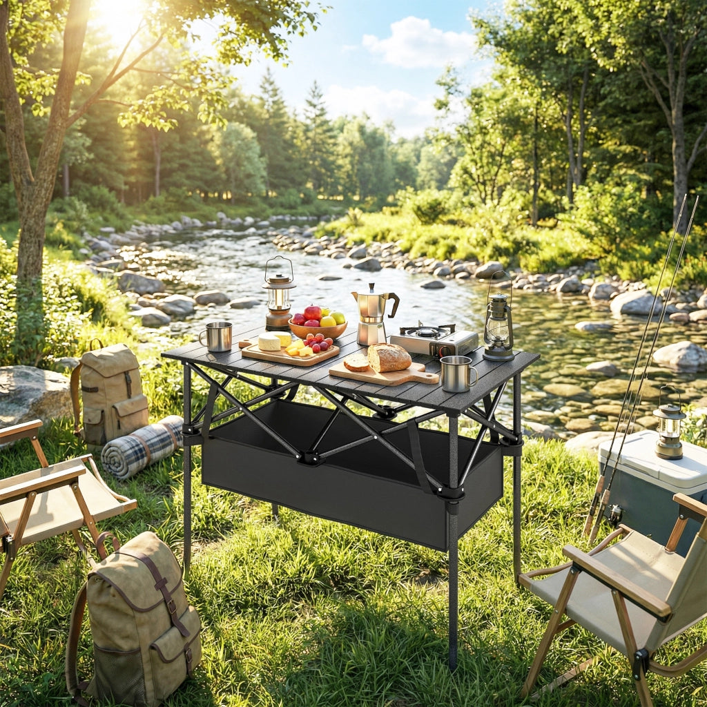 Tavolo Pieghevole da Camping ¨C zephmum ¨C Nero Aluminio 93x55x68 cm