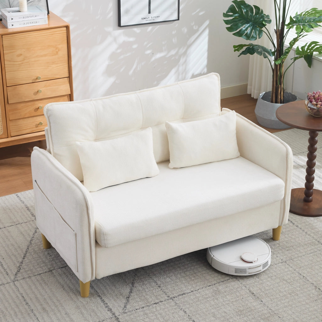 Divano a 2 posti in tessuto chenille Beige, 127 cm, con braccioli e tasche laterali