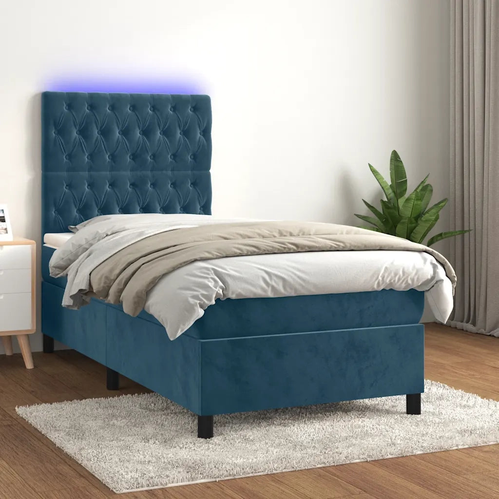 Letto a Molle con Materasso e LED Blu Scuro 100x200 cm