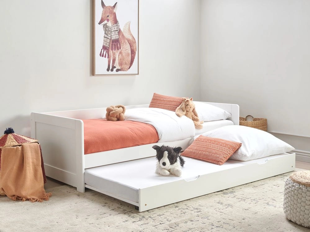 Letto a castello per bambini in legno di pino bianco struttura di dimensioni singole EU con telaio estraibile extra.