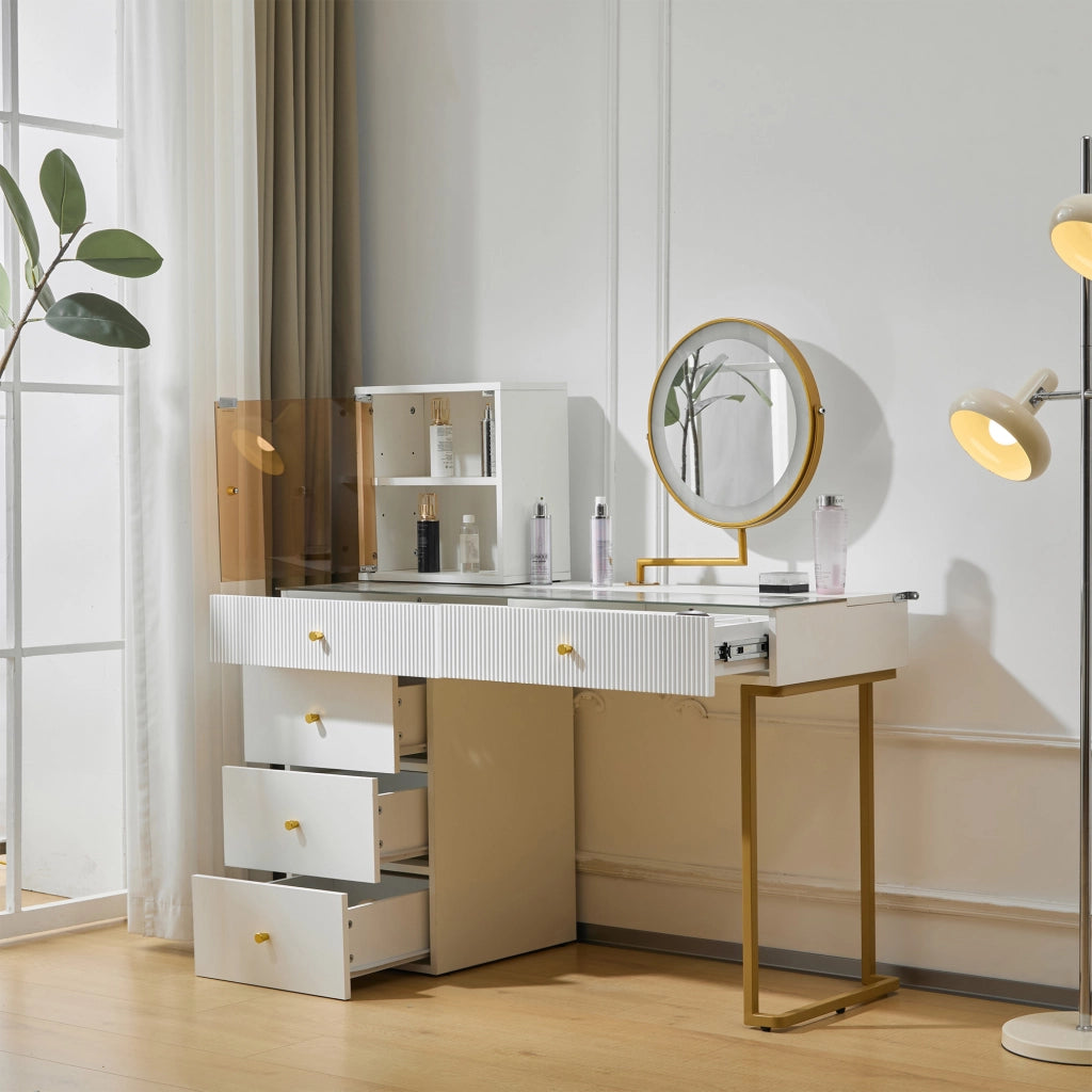 TAVOLO TOELETTA con specchio LED 120x45x115 cm Bianco e Oro