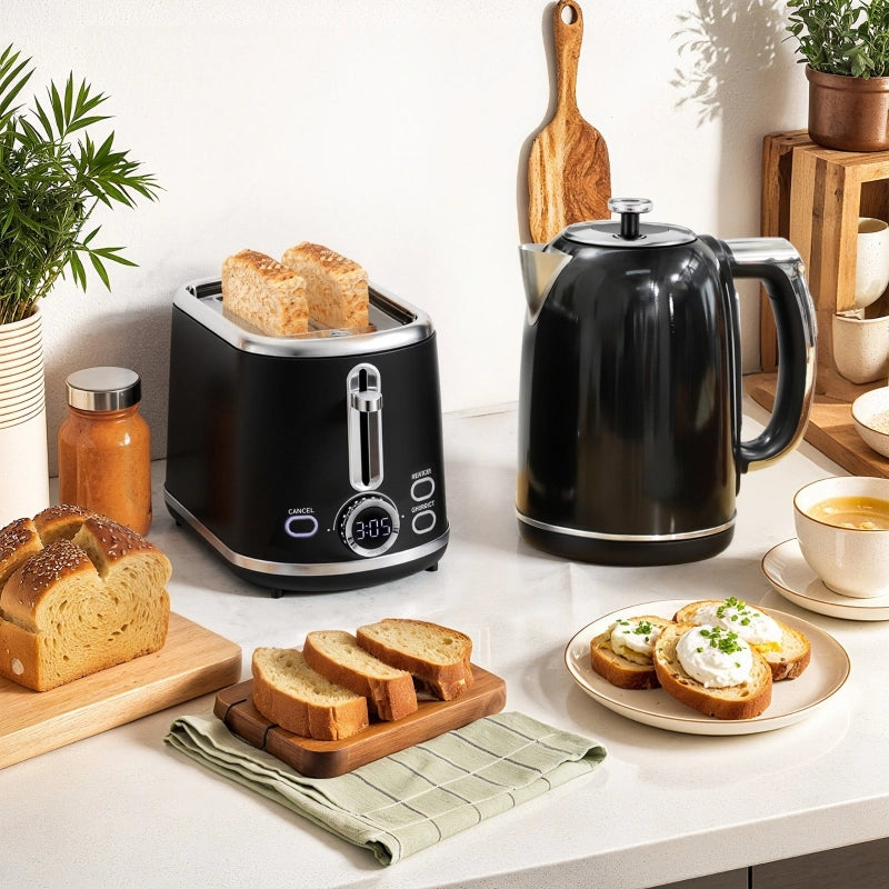 Set bollitore e tostapane, display a LED, 1,7 litri, 2200 W, design retr¨°, funzione memoria, nero