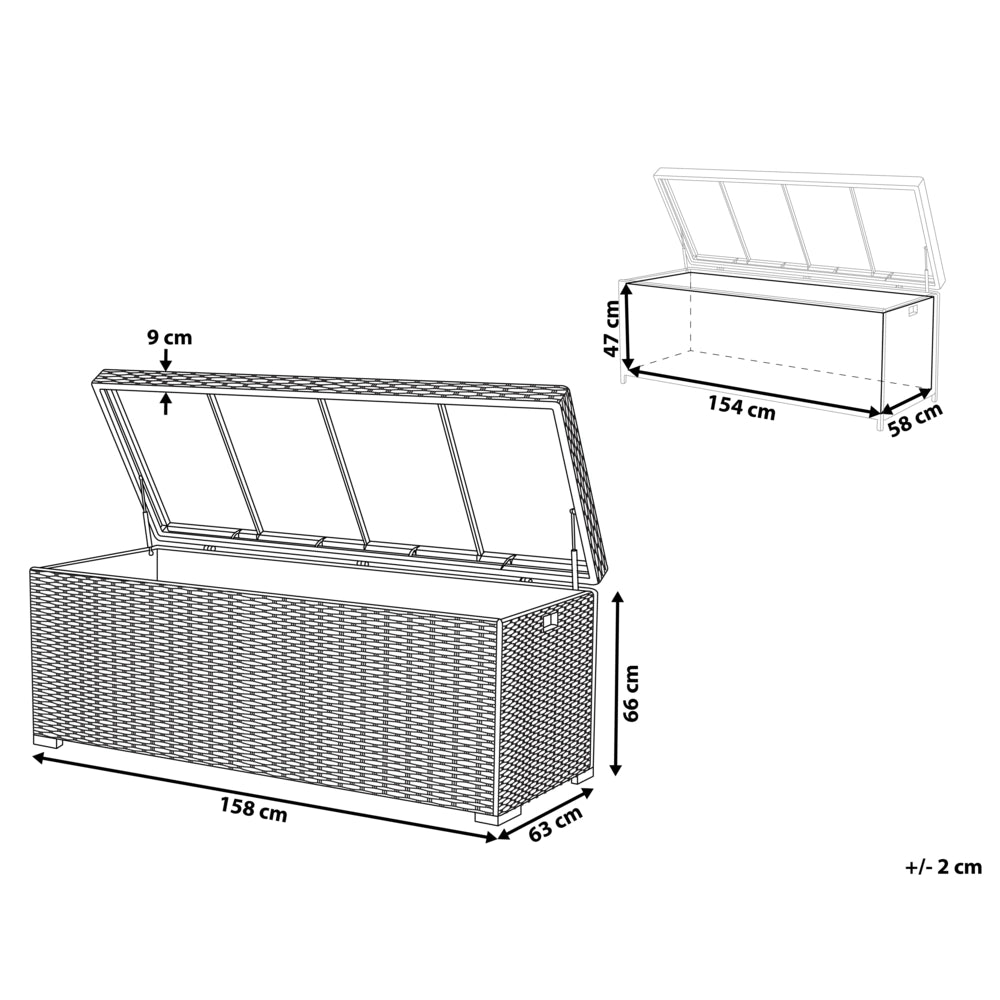 Cesta baule portaoggetti da esterno cuscino da giardino in finto rattan bianco 158 x 63 cm