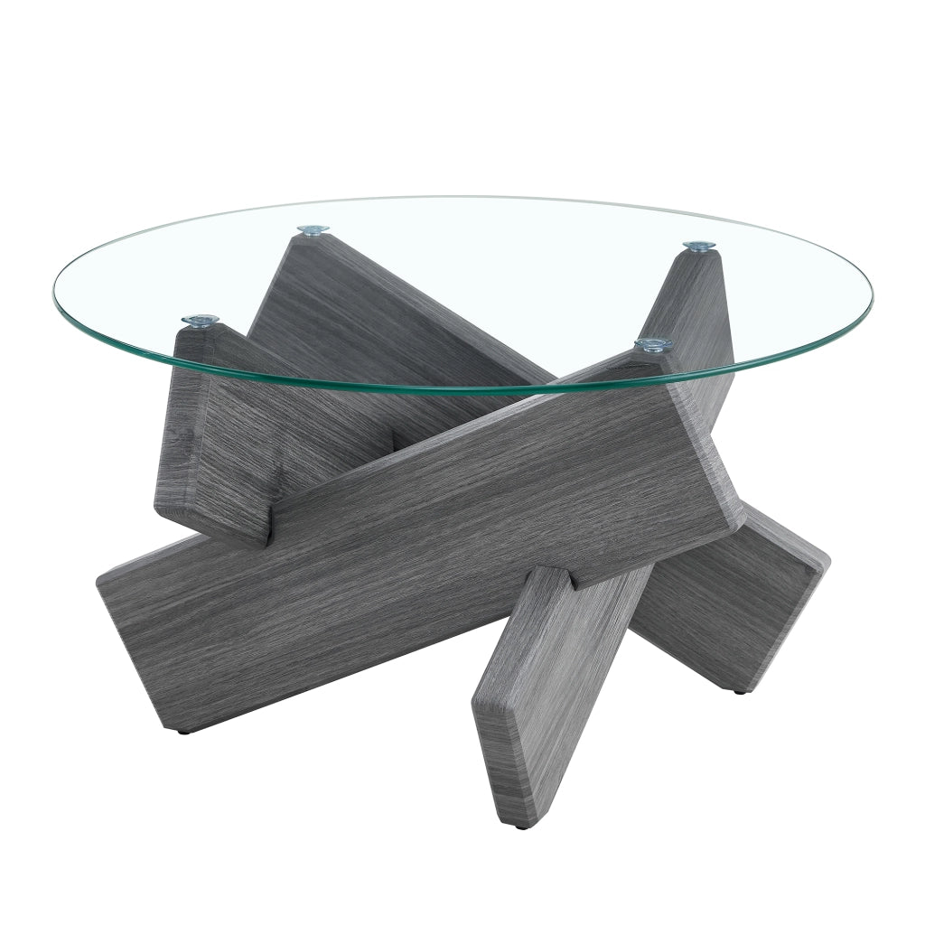 Tavolino da caffè rotondo in MDF e vetro, Ø 79 cm, grigio e trasparente
