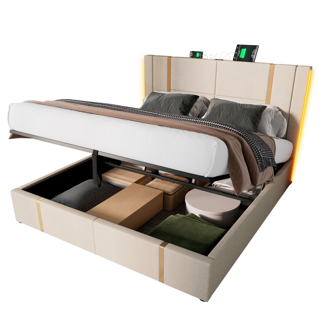 Letto matrimoniale imbottito con LED, USB e USB-C, contenitore e materasso incluso