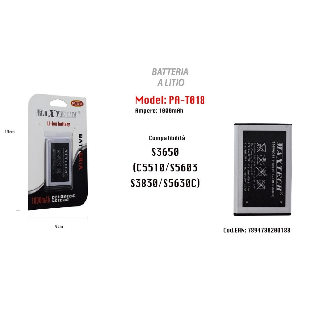 Trade Shop - Maxtech Pa-t018 Batteria Li-ion 1000mah Compatibile Samsung S3650 Smartphone Ricambio -