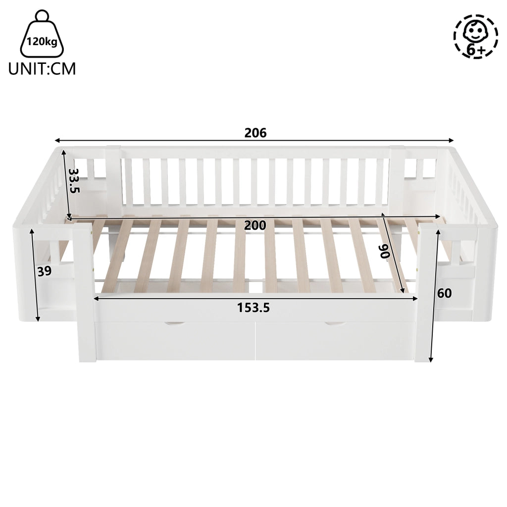 DESMIU Letto per bambini 90 × 200 cm con 2 cassetti e barriera di sicurezza, senza materasso, in legno massello, bianco