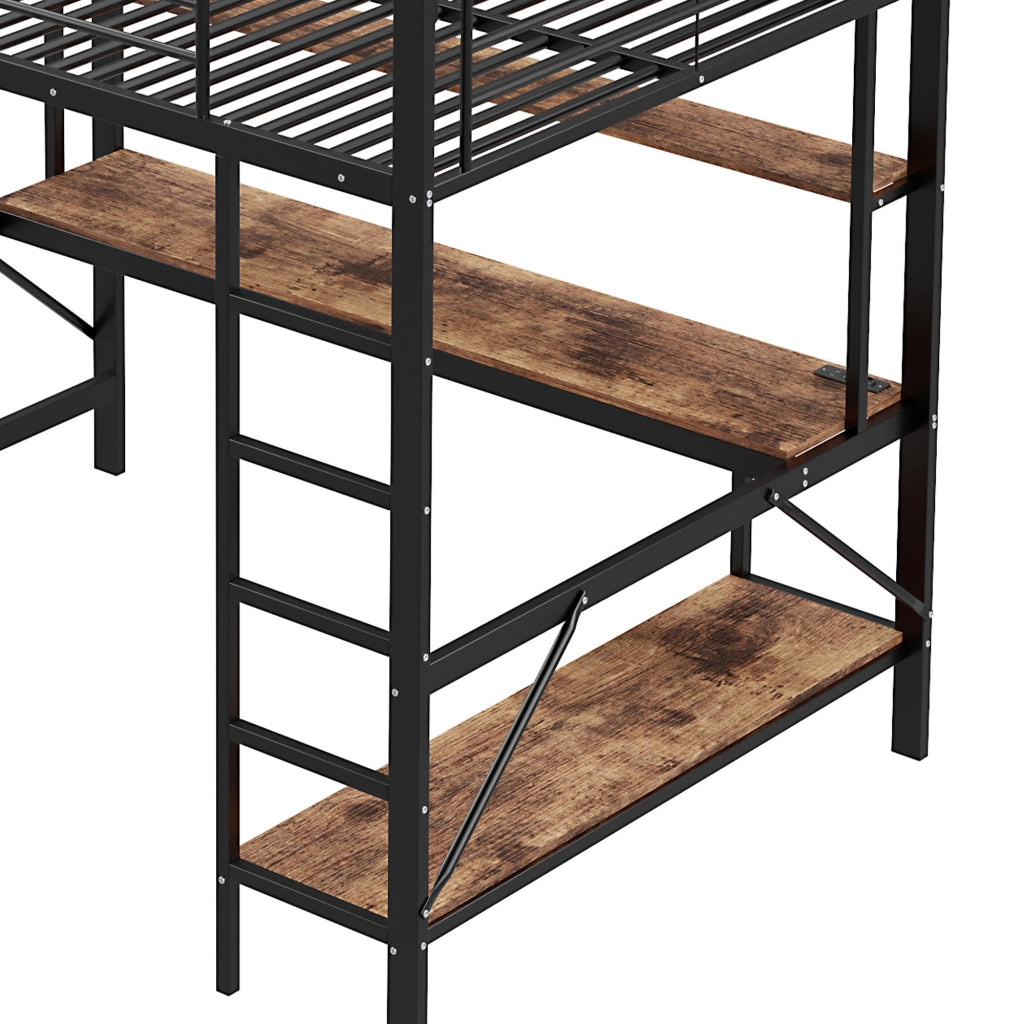 LETTO a soppalco 140x200 cm Metallo Nero con scrivania, ripiani, LED, USB