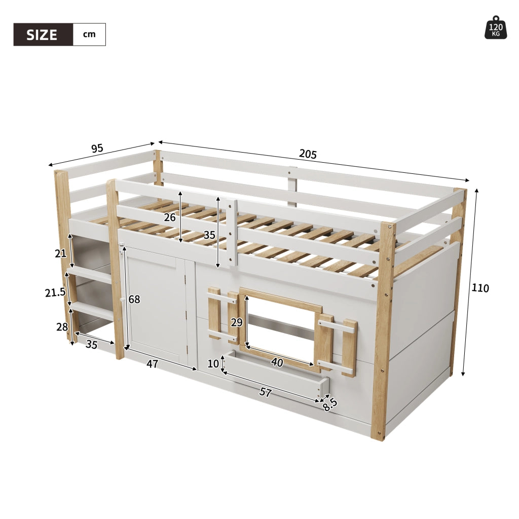 OKWISH Letto a Soppalco 90×200 cm, Letto Singolo con Scala e Spazio Gioco Modulare, senza Materasso, in Legno Massello, Bianco