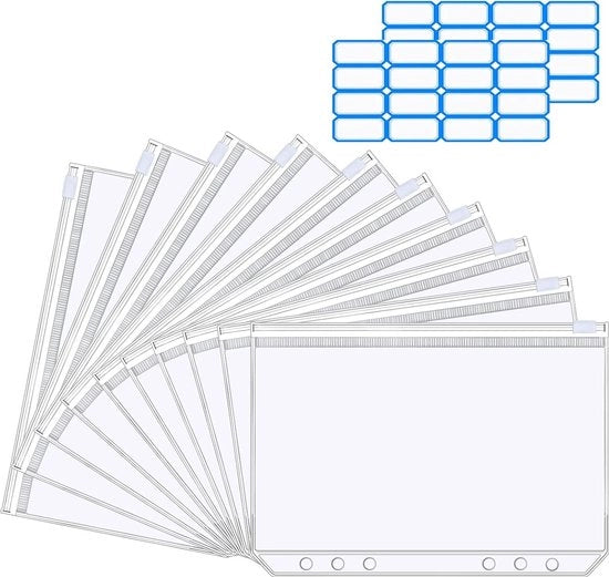 Leggii in plastica per mappe - Formato A5 - Set da 10 - Con chiusura a righello - Etichette adesive rimovibili - Buste per denaro