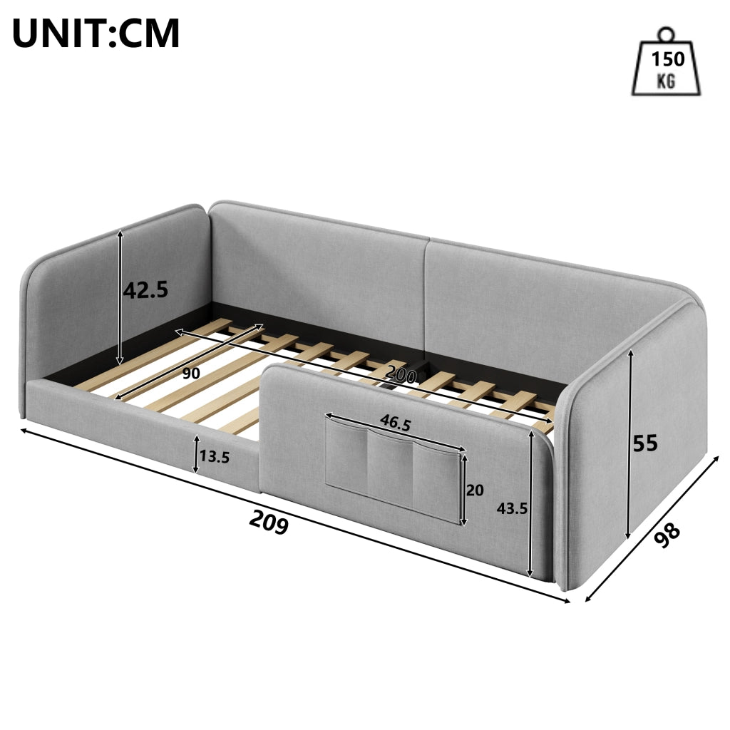 DESMIU Lit simple 90 × 200 cm con tasche portaoggetti, senza materasso, in lino, grigio