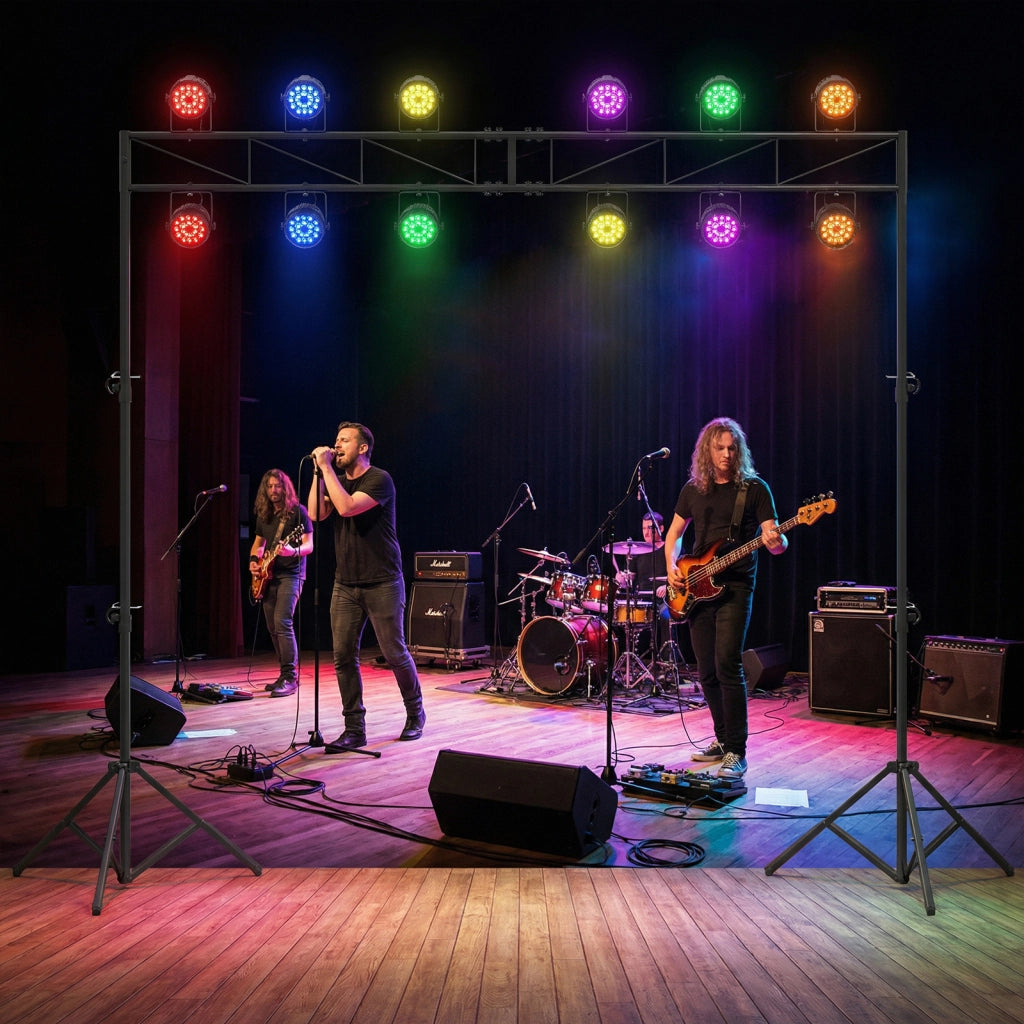 Supporto luci DJ con traversa e stativo treppiede regolabile, Supporto triangolare pieghevole per feste eventi concerti 140-265 cm
