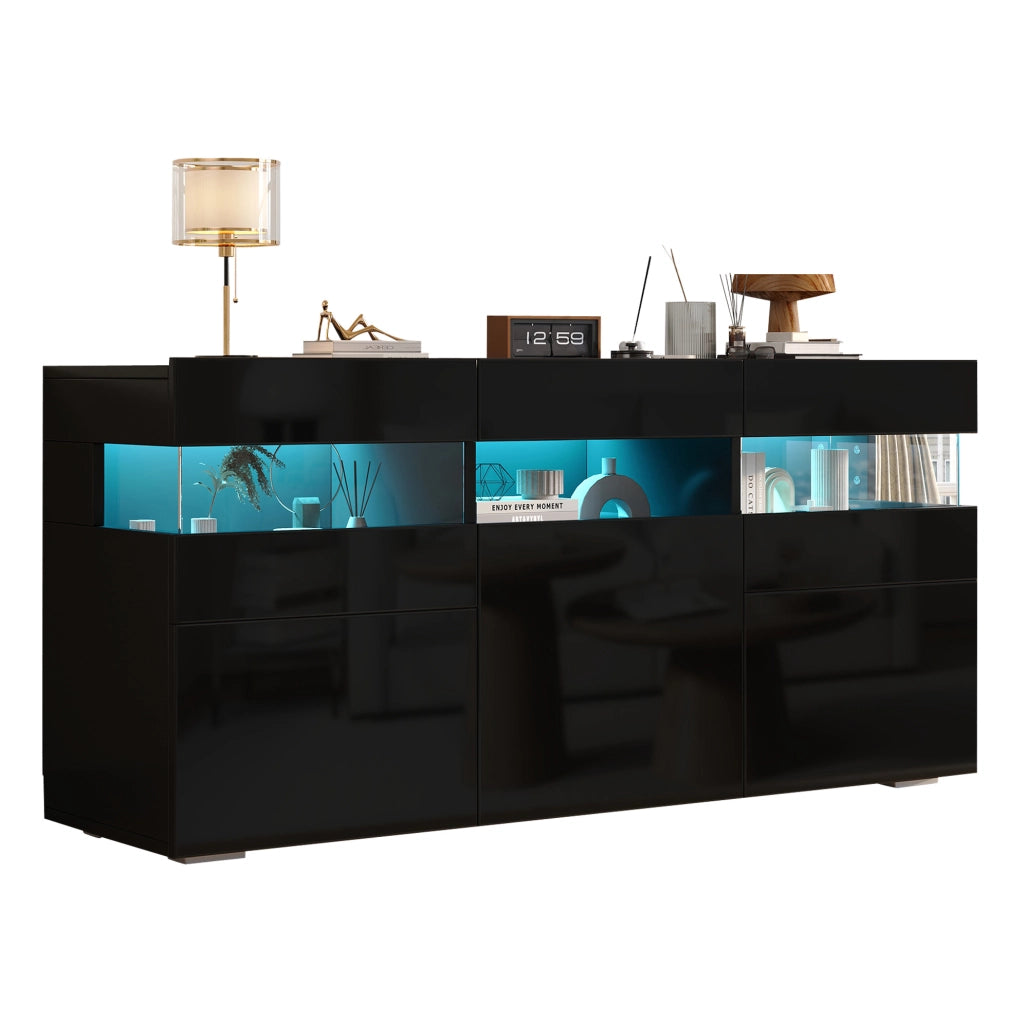Madia da soggiorno 140 x 40;5 x 66;5 cm con 3 ante; LED controllato da app; nero lucido