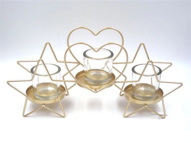 Candeliere Portacandele in Metallo Oro Forma Stella e Cuore 25 cm