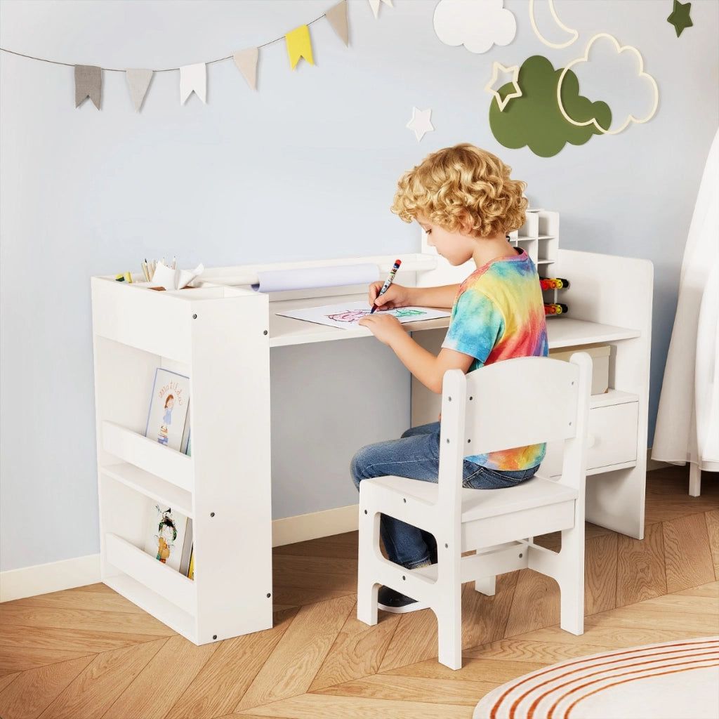Set tavolo e sedia per bambini con porta rotolo carta rimovibile con mobile cubo, Tavolo lettura e disegno Bianco