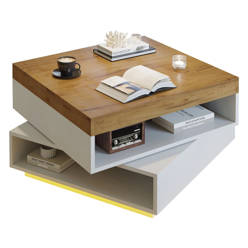 Tavolino quadrato 65¡Á65¡Á40 cm con piano girevole a 360¡ã, illuminazione LED e ripiani aperti, Bianco + effetto legno