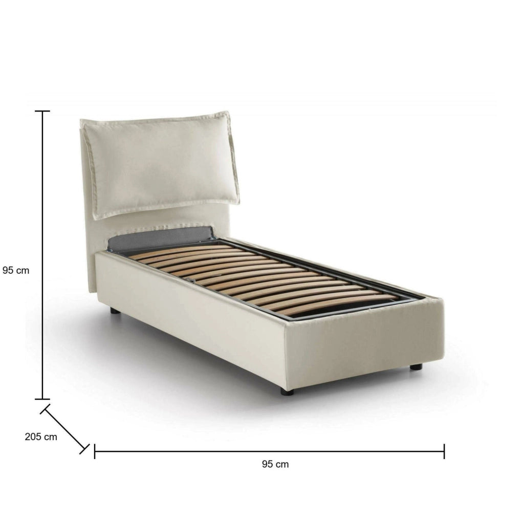 Letto singolo Aphrodite, Letto contenitore con rivestimento in tessuto, Made in Italy, Apertura laterale, adatto per materasso cm 80x190, Beige