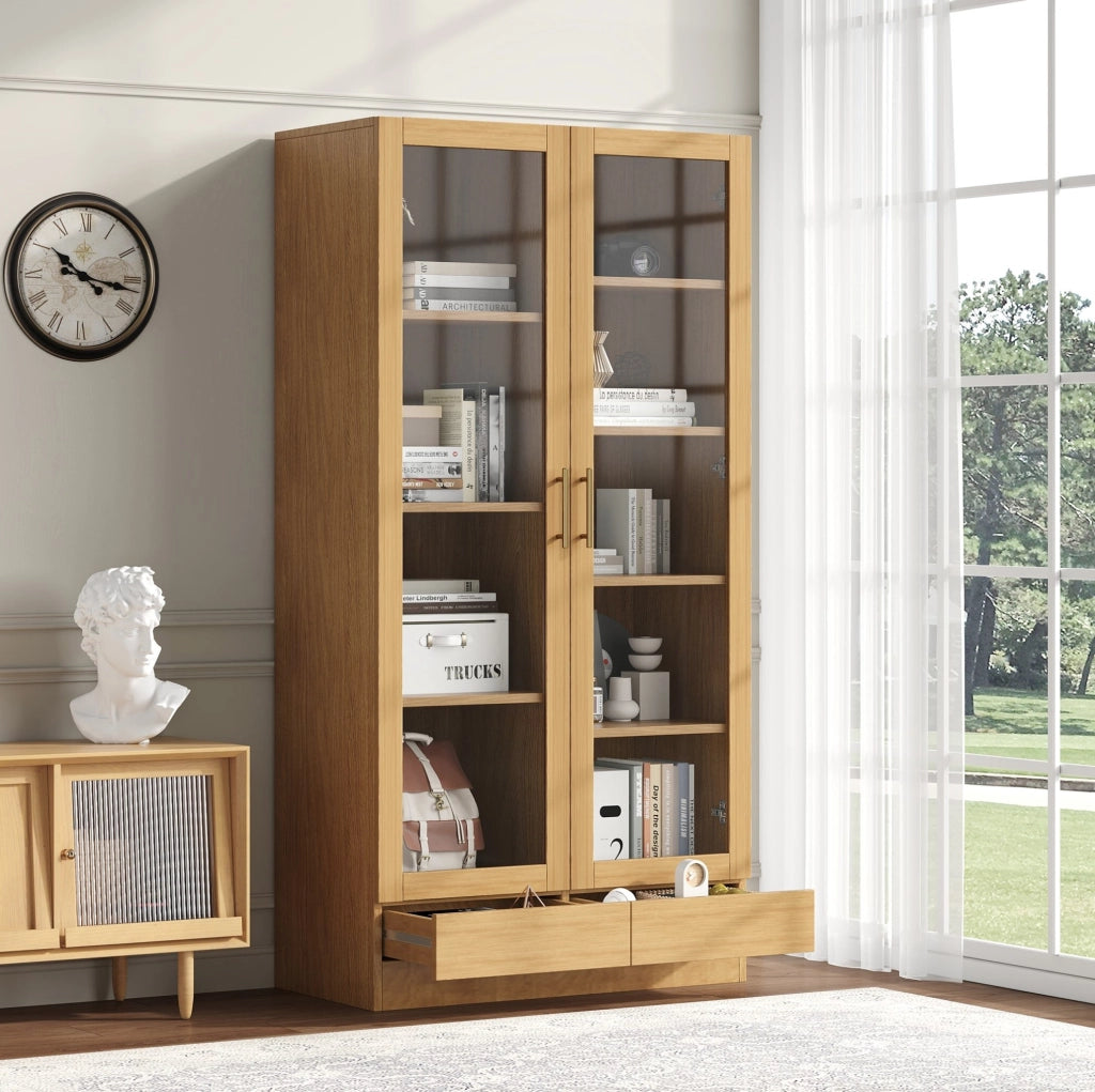 Vetrina 80x40x160 cm con ripiani sfalsati e cassetto push-to-open; naturale