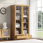 Vetrina 80x40x160 cm con ripiani sfalsati e cassetto push-to-open; naturale