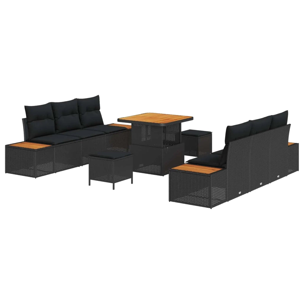 Set Divano da Giardino con cuscino 9 pcs Nero Poly Rattan