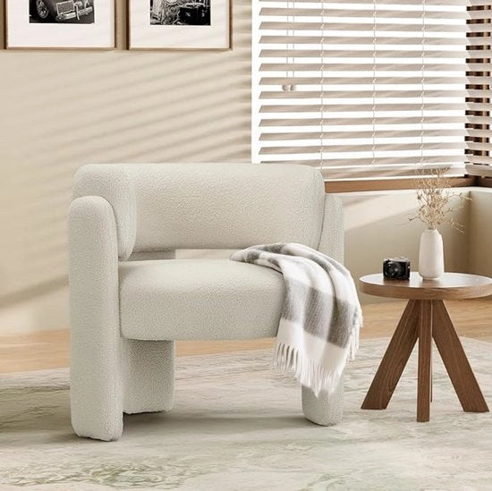 Fauteuil moderno con schienale a velo - Sedia da soggiorno e da lettura con sedile rotondo e 3 gambe - Poltrona confortevole per salotto, camera da letto o angolo - Crème