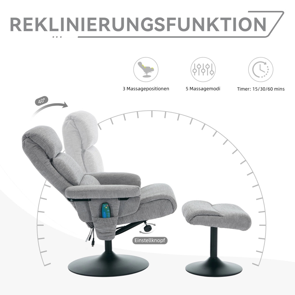 Fauteuil relax in ciniglia con massaggio a 5 punti, funzione riscaldante, girevole 360° e poggiapiedi grigio