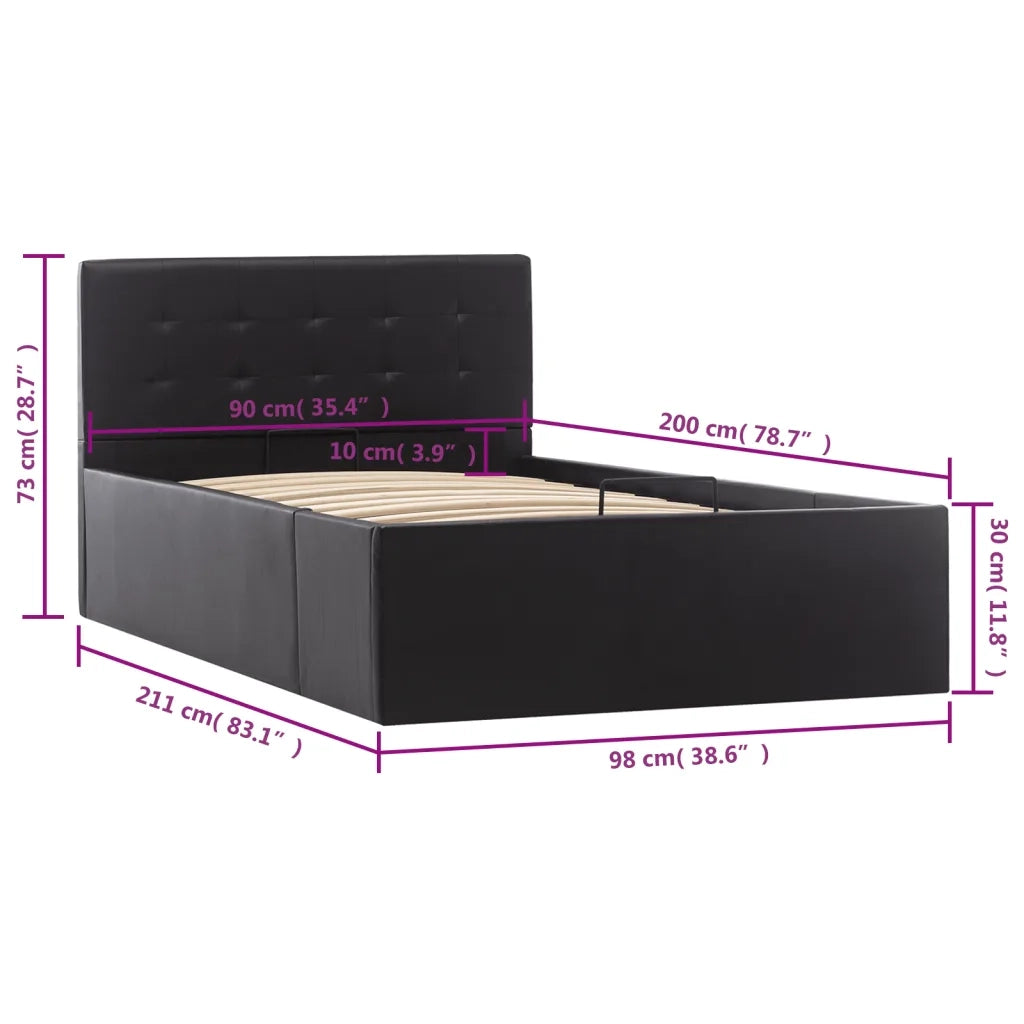 Letto singolo | Letto per adulti | Giroletto con Contenitore Idraulico Nero Similpelle 90x200cm