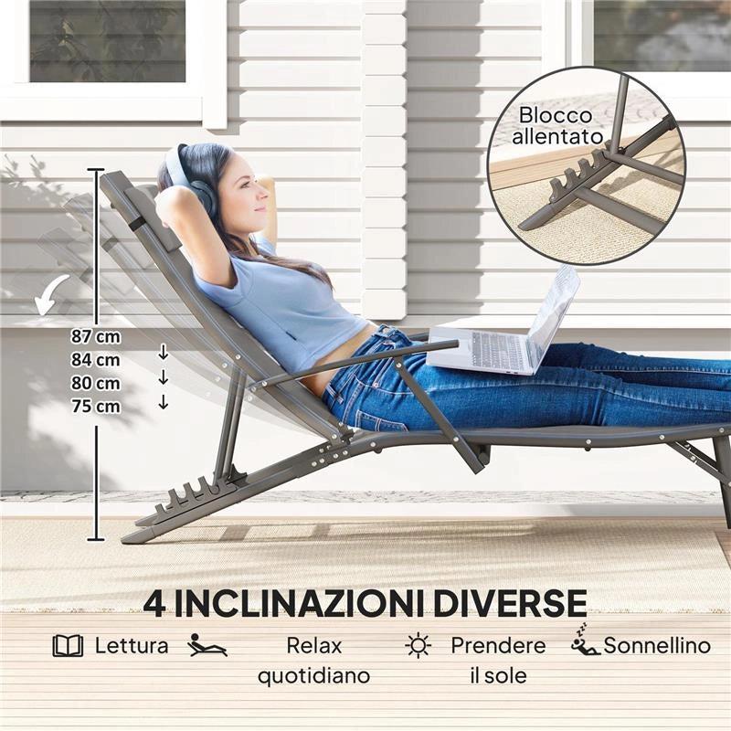 SET 2 SDRAIO DA GIARDINO PIEGHEVOLI CON SCHIENALE REGOLABILE SU 4 LIVELLI E CUSCINO GRIGIO