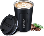 Tazza di Vetro Termo 380 ml - Caffettiera da Viaggio - Portacaffè - Acciaio Inox - Senza BPA - Doppio Strato - Isolato a Vuoto - Nero