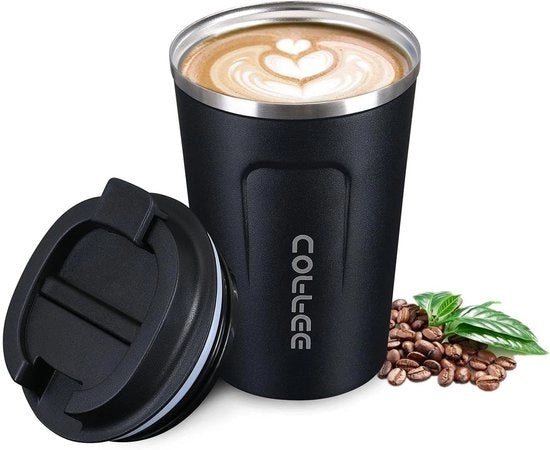 Tazza di Vetro Termo 380 ml - Caffettiera da Viaggio - Portacaffè - Acciaio Inox - Senza BPA - Doppio Strato - Isolato a Vuoto - Nero