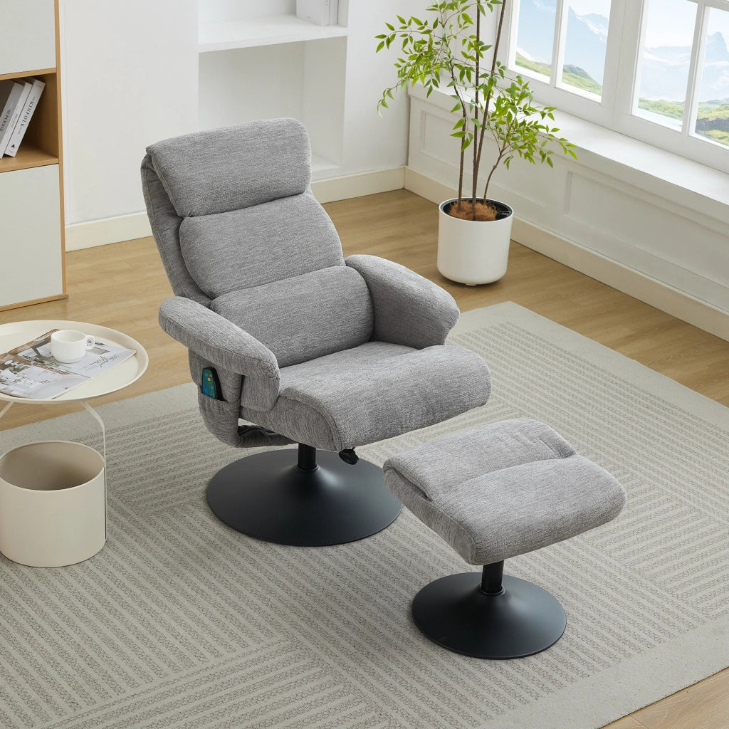 Fauteuil relax in ciniglia con massaggio a 5 punti, funzione riscaldante, girevole 360° e poggiapiedi grigio