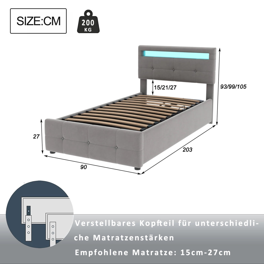 DESMIU Letto contenitore 90 × 200 cm 1 posto con LED, vano idraulico, testiera regolabile, senza materasso, in velluto, grigio