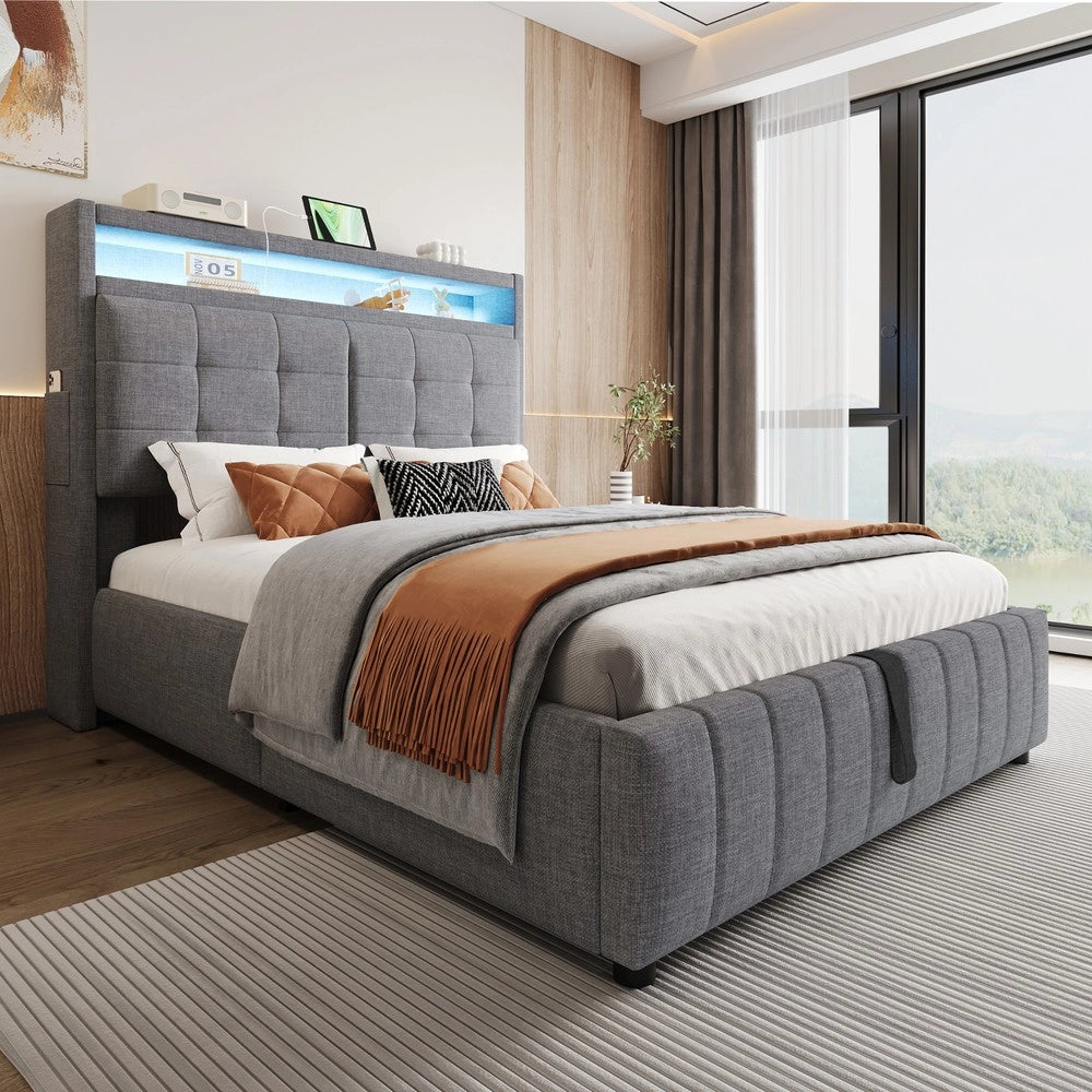Letto Imbottito Contenitore 140x200 con LED ¨C Xylo ¨C Tessuto Grigio, Idraulico, Rete a Doghe