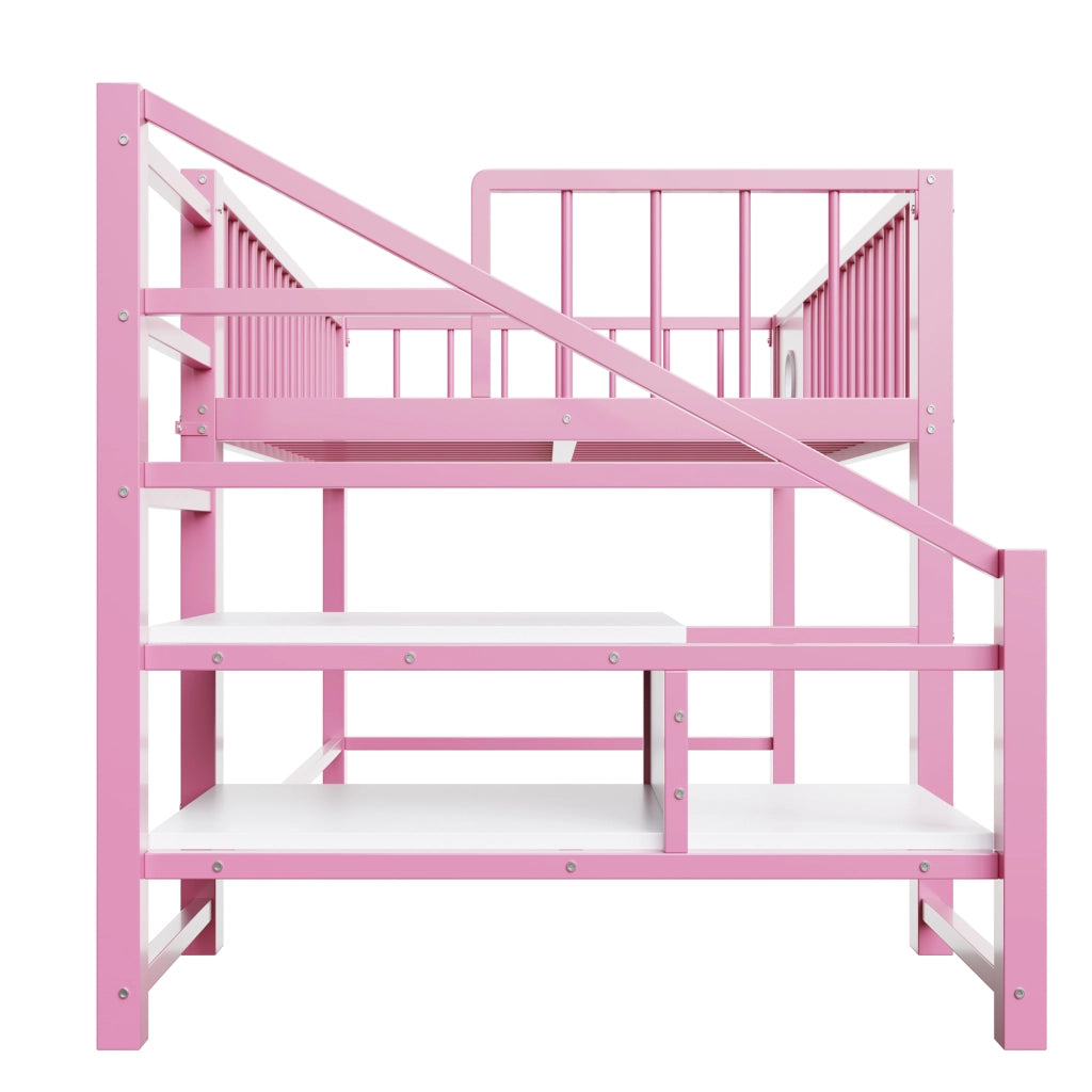 DESMIU Letto a soppalco bambino 90 × 200 cm con scala contenitore, senza materasso, in metallo, rosa