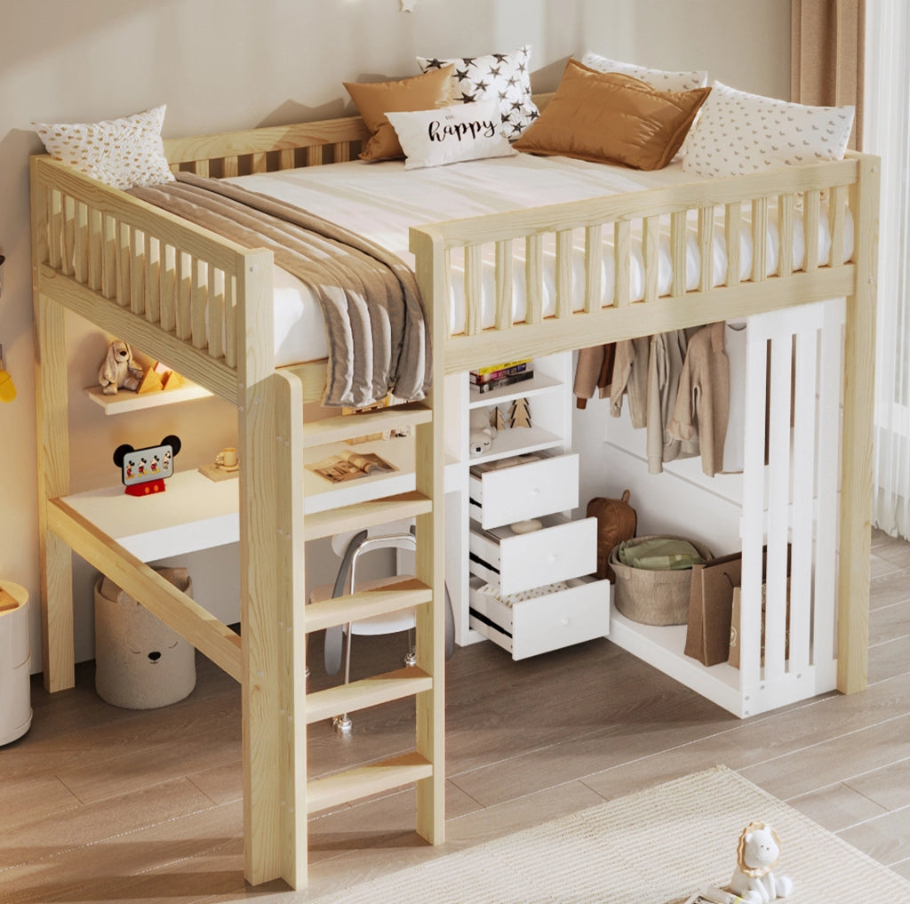 Letto a soppalco 140x200 cm con scrivania; guardaroba; 3 cassetti; in legno di pino e MDF; naturale