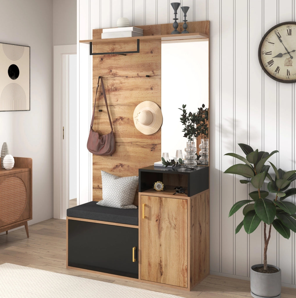 Set da ingresso 105x40x191.5 cm con specchio e panca portascarpe in MDF e truciolato nero e naturale