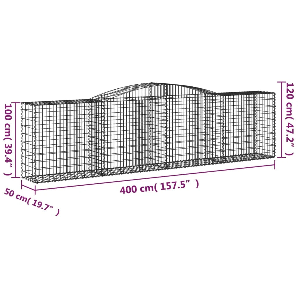 Cestini gabbioni recinzione a gabbia muro di contenimento ad arco 5 pezzi 400 x 50 x 100/120 cm ferro zincato argento 02_0040938