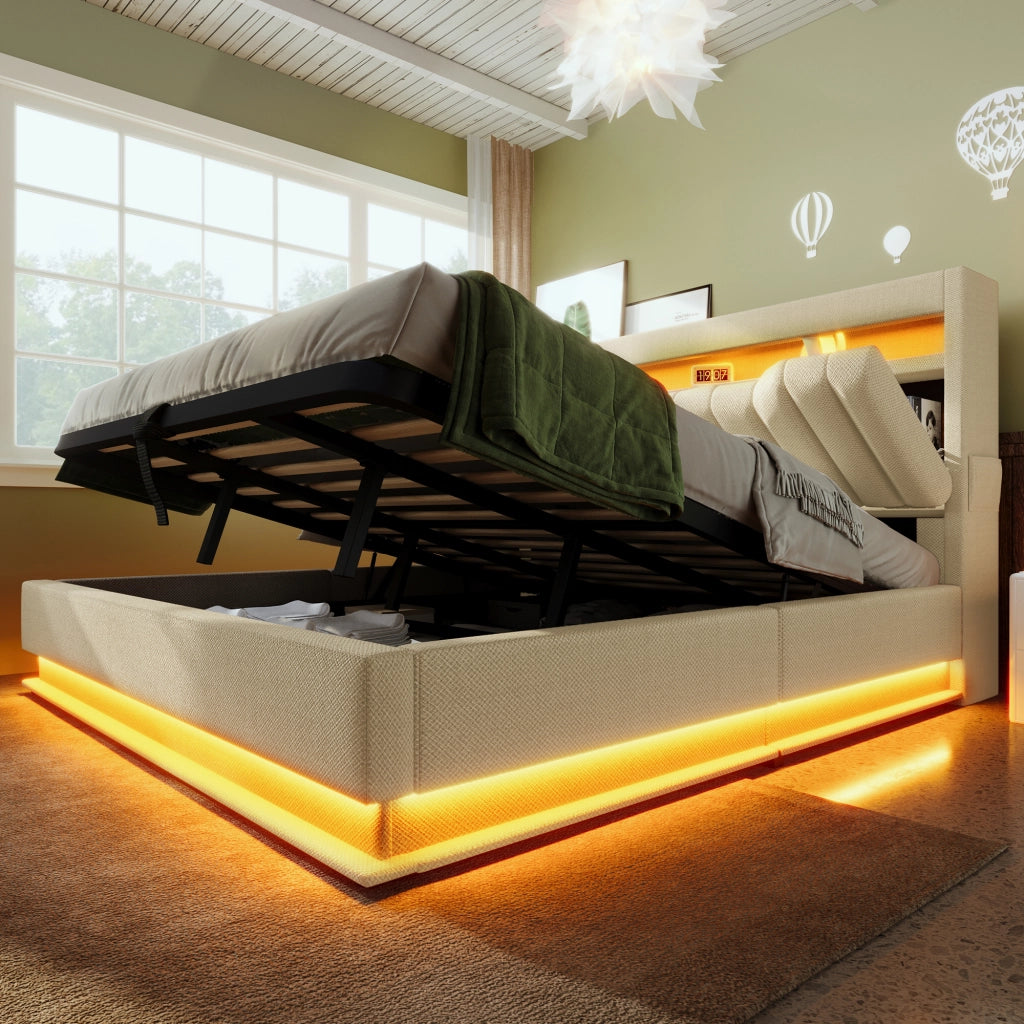 LETTO Imbottito con LED e USB/Type-C 180x200 cm Beige in Lino