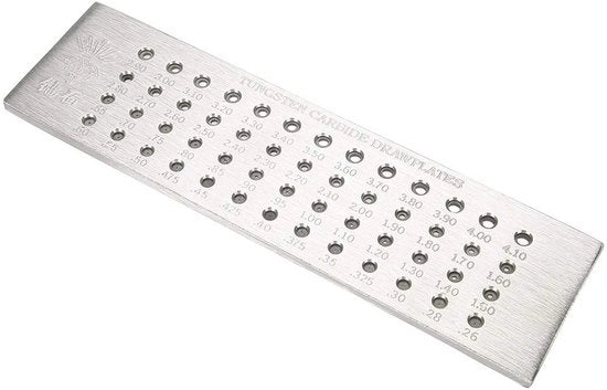 Piastra di trazione a filo 52 fori - Tungsteno carburo massiccio - Strumenti per gioielli - Acciaio duraturo - Utile per artigianato - Dimensioni 20,5 x 5,5 cm