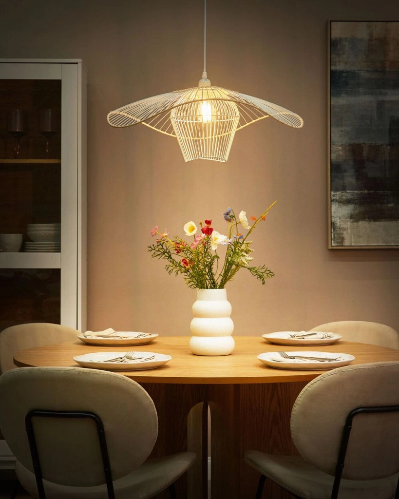 Lampada a sospensione con paralume in rattan e metallo bianco soggiorno camera da letto