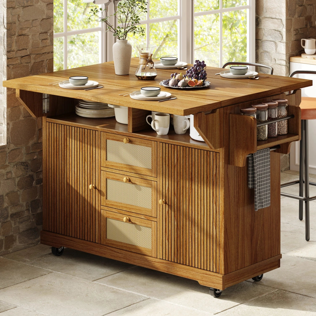 Carrello da cucina, credenza da cucina, mobile da cucina, con rotelle, piano di lavoro ribaltabile, 3 cassetti, colore marrone