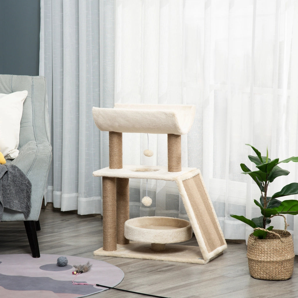 Albero tiragraffi per gatti con giocattoli e cuccia ¨C Zephmum ¨C 60x30x76 cm crema e naturale